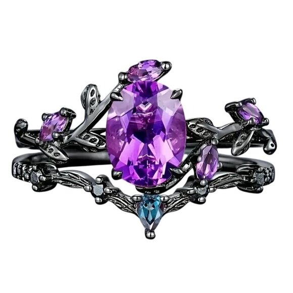 Oval Shape Amethyst Black Engagement Wedding Ring Set In Rhodium black plating - Picture 1 of 9